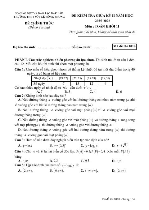 Đề thi Giữa kì 2 Toán 11 năm 2025-2026 trường THPT Số 1 Lê Hồng Phong (Đắk Lắk)
